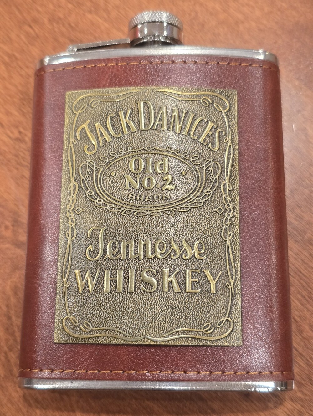 Jack Daniels Hip Flask Cognac Leather Over Stainless 8oz New